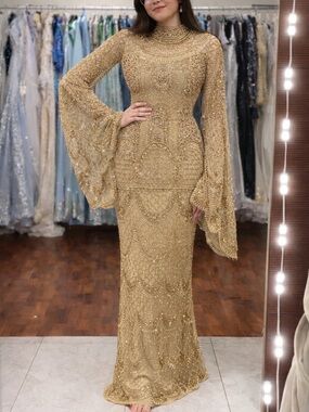 Gold Beaded Long-Sleeve Evening Gown